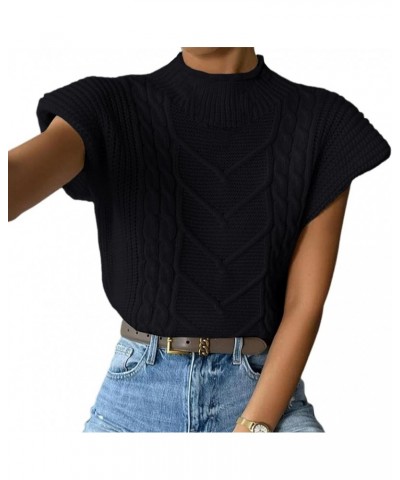 Women’s Sweater Vest Top Sleeveless Cable Knit Mock Neck Sweater Tank Short Sleeve Pullover Black $13.75 Sweaters