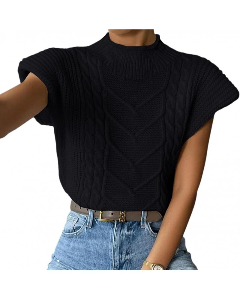 Women’s Sweater Vest Top Sleeveless Cable Knit Mock Neck Sweater Tank Short Sleeve Pullover Black $13.75 Sweaters