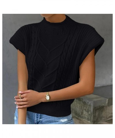 Women’s Sweater Vest Top Sleeveless Cable Knit Mock Neck Sweater Tank Short Sleeve Pullover Black $13.75 Sweaters