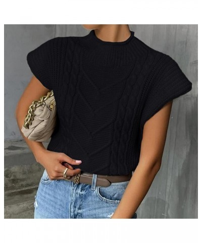 Women’s Sweater Vest Top Sleeveless Cable Knit Mock Neck Sweater Tank Short Sleeve Pullover Black $13.75 Sweaters