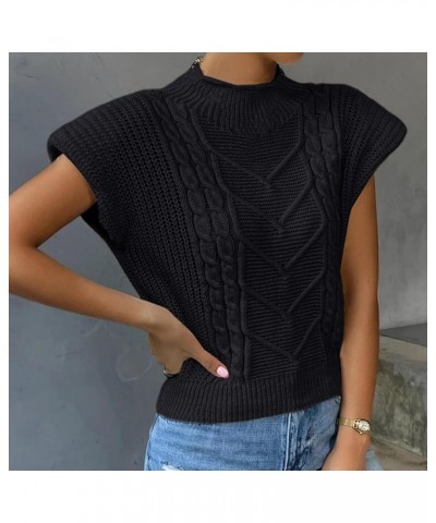 Women’s Sweater Vest Top Sleeveless Cable Knit Mock Neck Sweater Tank Short Sleeve Pullover Black $13.75 Sweaters