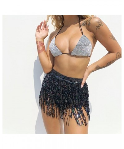 Women Boho Beach Sequin Tassel Mini Skirts Music Festival Party Club Hip Scarf Belt Wrap Skirt Black $11.52 Skirts