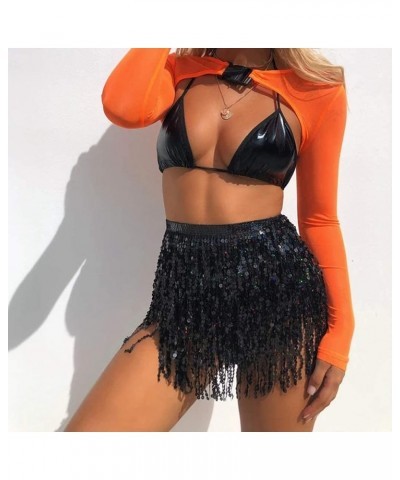 Women Boho Beach Sequin Tassel Mini Skirts Music Festival Party Club Hip Scarf Belt Wrap Skirt Black $11.52 Skirts