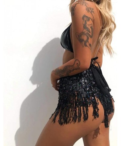 Women Boho Beach Sequin Tassel Mini Skirts Music Festival Party Club Hip Scarf Belt Wrap Skirt Black $11.52 Skirts