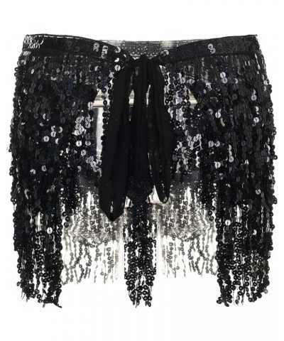 Women Boho Beach Sequin Tassel Mini Skirts Music Festival Party Club Hip Scarf Belt Wrap Skirt Black $11.52 Skirts