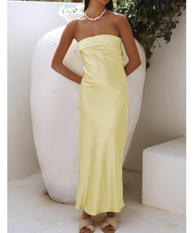 Satin Silk Backless Tube Tops Maxi Dress for Women Low Back Hollow Out Elegant Strapless Long Dresses Wedding Guest Goose Yel...