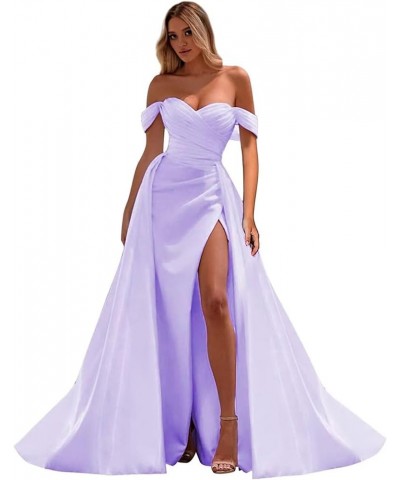 Womens Off Shoulder Mermaid Prom Dresses 2024 Satin Long with Train Wrap Satin Ruched Evening Gowns with Slit Lilac $35.20 Dr...