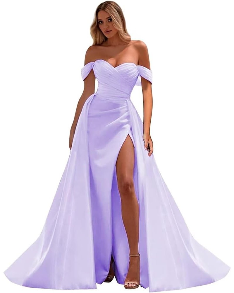 Womens Off Shoulder Mermaid Prom Dresses 2024 Satin Long with Train Wrap Satin Ruched Evening Gowns with Slit Lilac $35.20 Dr...