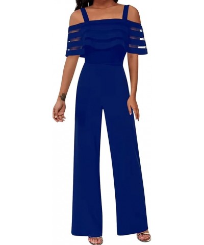 Summer Rompers,Women Summer Strappy Cold Shoulder Ruffle Overlay Jumpsuit Loose Romper Long Pants Blue $19.03 Jumpsuits