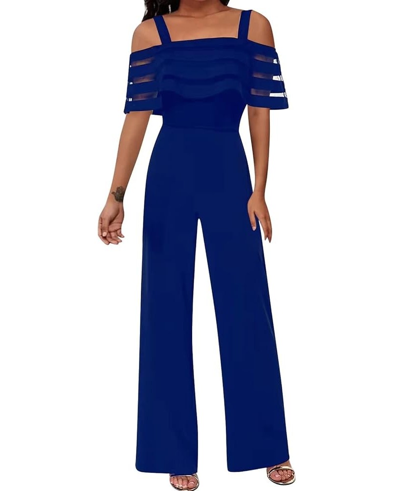 Summer Rompers,Women Summer Strappy Cold Shoulder Ruffle Overlay Jumpsuit Loose Romper Long Pants Blue $19.03 Jumpsuits