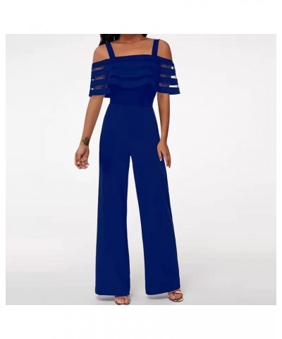 Summer Rompers,Women Summer Strappy Cold Shoulder Ruffle Overlay Jumpsuit Loose Romper Long Pants Blue $19.03 Jumpsuits