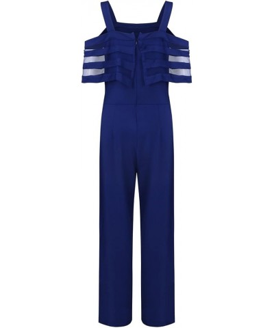 Summer Rompers,Women Summer Strappy Cold Shoulder Ruffle Overlay Jumpsuit Loose Romper Long Pants Blue $19.03 Jumpsuits