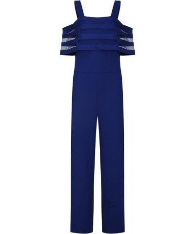 Summer Rompers,Women Summer Strappy Cold Shoulder Ruffle Overlay Jumpsuit Loose Romper Long Pants Blue $19.03 Jumpsuits