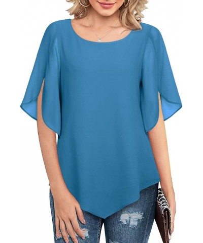 Women's Loose Half Split Sleeve Double-Layered Tops Chiffon Scoop Neck Dressy Blouse Flowy Shirts Blue $17.84 Blouses