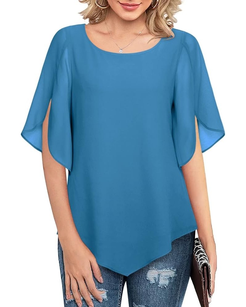 Women's Loose Half Split Sleeve Double-Layered Tops Chiffon Scoop Neck Dressy Blouse Flowy Shirts Blue $17.84 Blouses