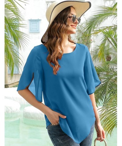 Women's Loose Half Split Sleeve Double-Layered Tops Chiffon Scoop Neck Dressy Blouse Flowy Shirts Blue $17.84 Blouses