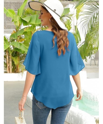 Women's Loose Half Split Sleeve Double-Layered Tops Chiffon Scoop Neck Dressy Blouse Flowy Shirts Blue $17.84 Blouses