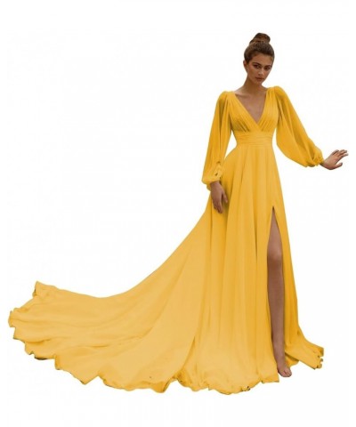 Long Sleeve Bridesmaid Dress Chiffon V-Neck Side Slit Prom Dress Train Wedding Dress Mustard Yellow $32.00 Dresses