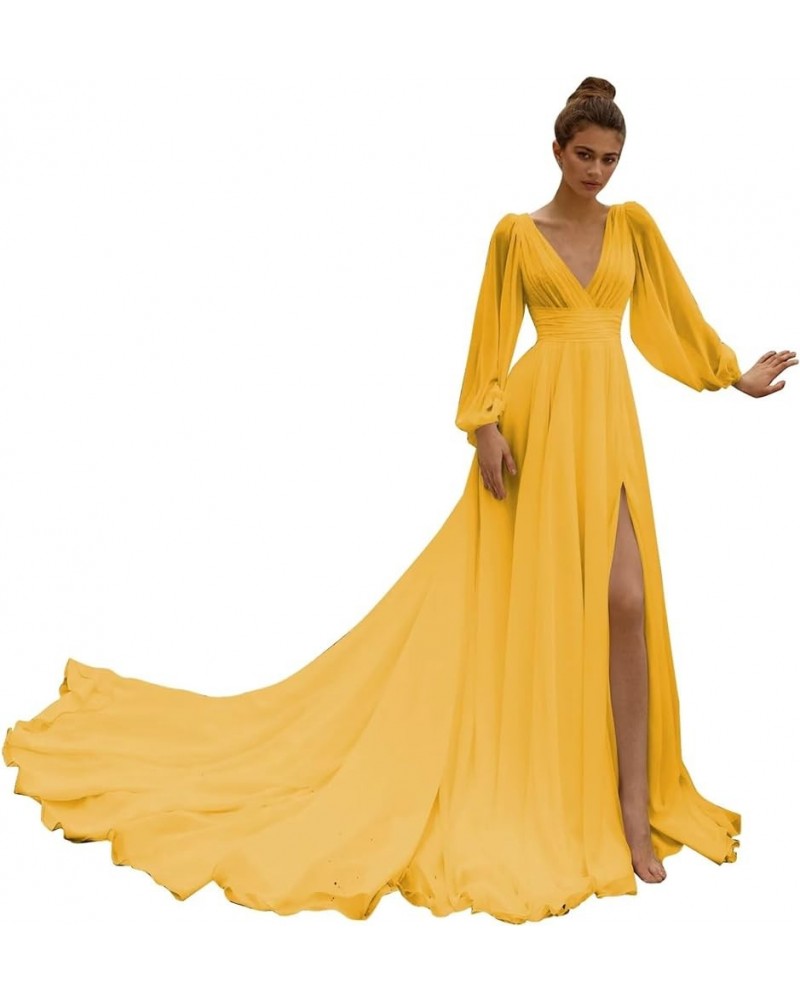 Long Sleeve Bridesmaid Dress Chiffon V-Neck Side Slit Prom Dress Train Wedding Dress Mustard Yellow $32.00 Dresses