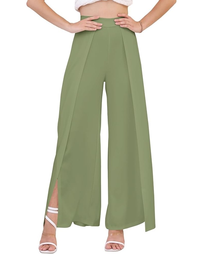 Women's Casual Loose Fit High Waisted Elastic Waist Wide Leg Palazzo Pants Trousers Long Pants A-light Green $16.40 Pants