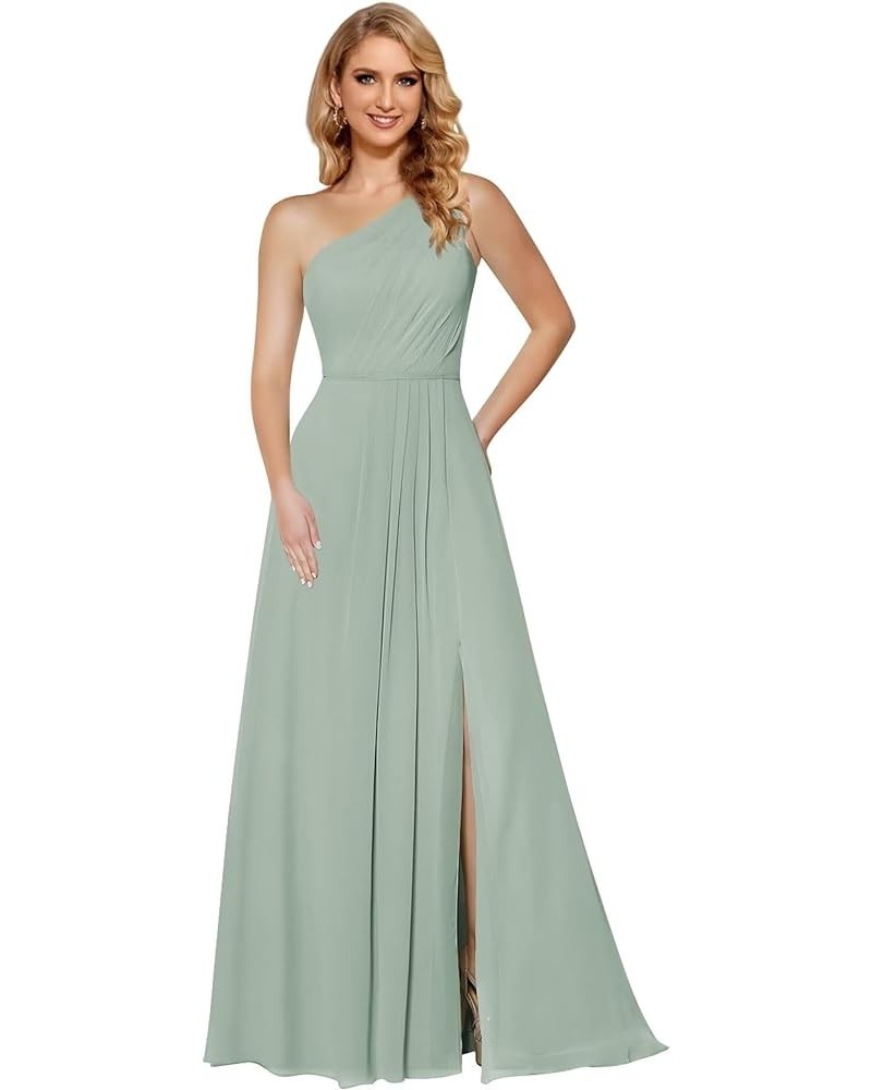 Women's One Shoulder Bridesmaid Dresses Long with Slit Ruched Chiffon Formal Party Dress with Pockets CM084 Sage Green $31.36...