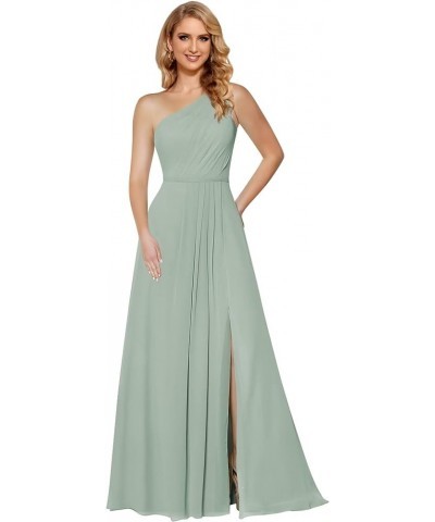 Women's One Shoulder Bridesmaid Dresses Long with Slit Ruched Chiffon Formal Party Dress with Pockets CM084 Sage Green $31.36...