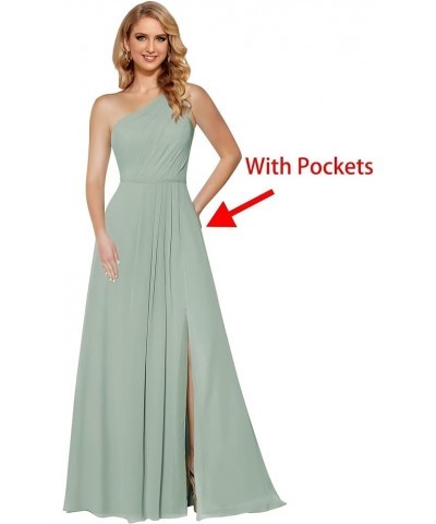 Women's One Shoulder Bridesmaid Dresses Long with Slit Ruched Chiffon Formal Party Dress with Pockets CM084 Sage Green $31.36...