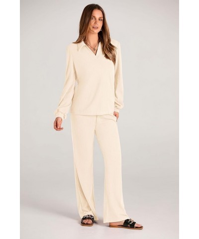 Womens Fall Clothes Two Piece Outfit Set Long Sleeve Lapel V Neck Tops Blouses Wide Leg Pants Ribbed Tracksuit Beige $29.11 A...