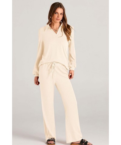 Womens Fall Clothes Two Piece Outfit Set Long Sleeve Lapel V Neck Tops Blouses Wide Leg Pants Ribbed Tracksuit Beige $29.11 A...