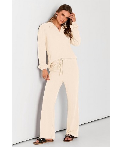 Womens Fall Clothes Two Piece Outfit Set Long Sleeve Lapel V Neck Tops Blouses Wide Leg Pants Ribbed Tracksuit Beige $29.11 A...