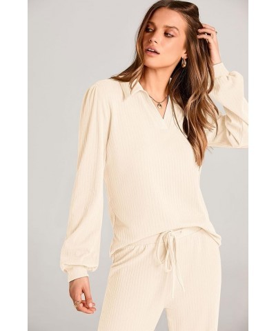 Womens Fall Clothes Two Piece Outfit Set Long Sleeve Lapel V Neck Tops Blouses Wide Leg Pants Ribbed Tracksuit Beige $29.11 A...