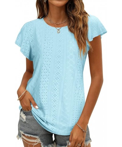 Womens Tops Summer Ruffle Sleeve Crew Neck Tshirts Loose Fit Casual Cute Top Blouses Light Blue $10.50 T-Shirts