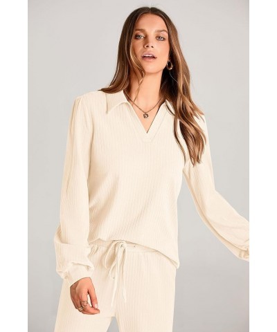 Womens Fall Clothes Two Piece Outfit Set Long Sleeve Lapel V Neck Tops Blouses Wide Leg Pants Ribbed Tracksuit Beige $29.11 A...