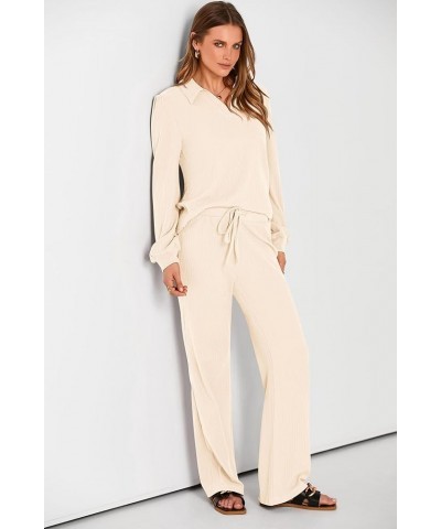 Womens Fall Clothes Two Piece Outfit Set Long Sleeve Lapel V Neck Tops Blouses Wide Leg Pants Ribbed Tracksuit Beige $29.11 A...