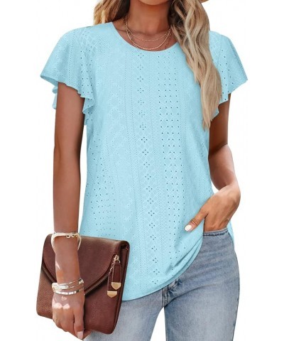 Womens Tops Summer Ruffle Sleeve Crew Neck Tshirts Loose Fit Casual Cute Top Blouses Light Blue $10.50 T-Shirts