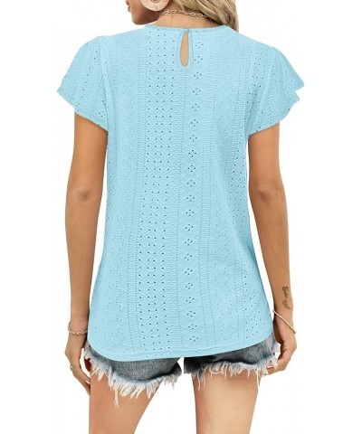 Womens Tops Summer Ruffle Sleeve Crew Neck Tshirts Loose Fit Casual Cute Top Blouses Light Blue $10.50 T-Shirts