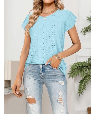 Womens Tops Summer Ruffle Sleeve Crew Neck Tshirts Loose Fit Casual Cute Top Blouses Light Blue $10.50 T-Shirts