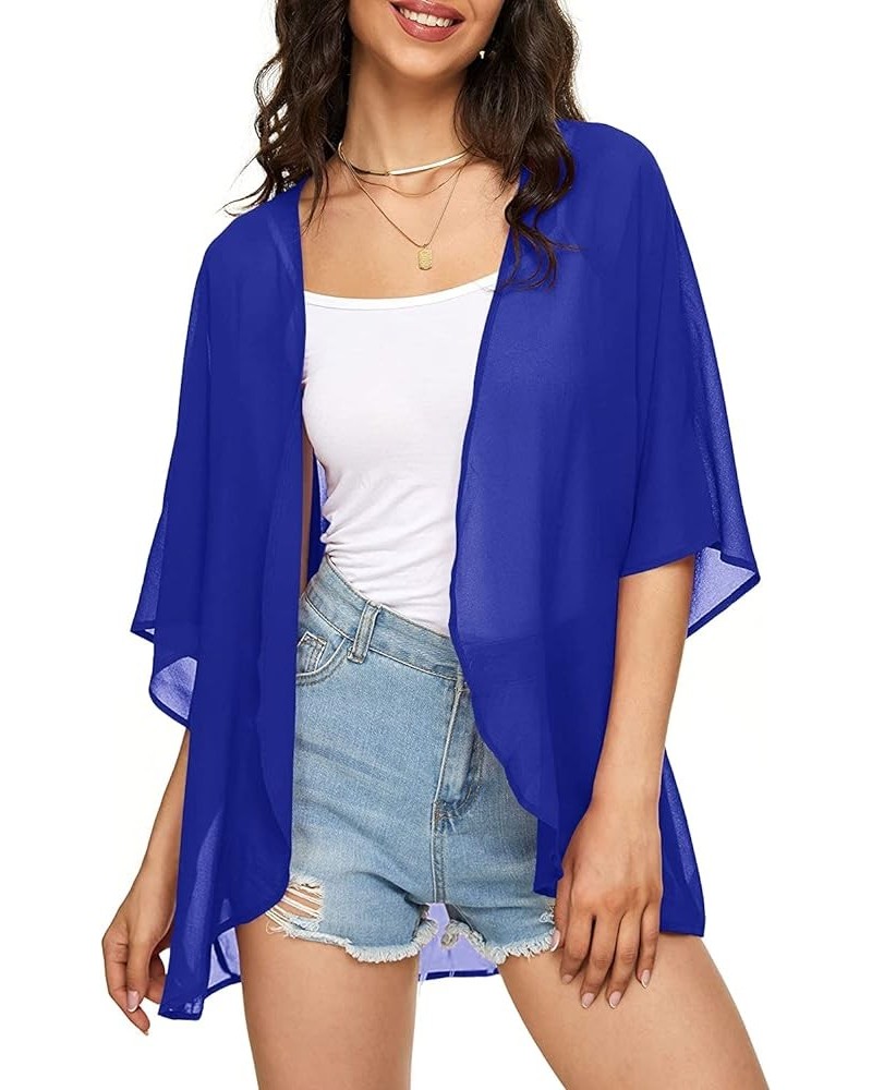 Women's Solid Puff Sleeve Kimono Cardigan Loose Cover Up Casual Blouse Top Chiffon Royal Blue $13.19 Swimsuits