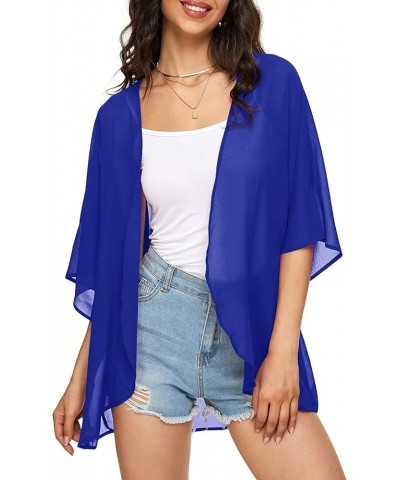 Women's Solid Puff Sleeve Kimono Cardigan Loose Cover Up Casual Blouse Top Chiffon Royal Blue $13.19 Swimsuits