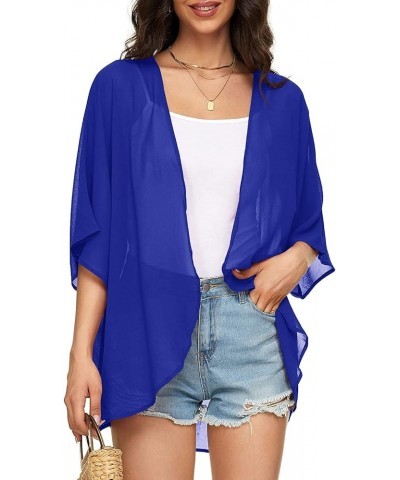 Women's Solid Puff Sleeve Kimono Cardigan Loose Cover Up Casual Blouse Top Chiffon Royal Blue $13.19 Swimsuits