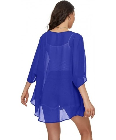 Women's Solid Puff Sleeve Kimono Cardigan Loose Cover Up Casual Blouse Top Chiffon Royal Blue $13.19 Swimsuits