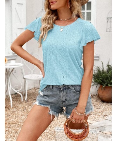 Womens Tops Summer Ruffle Sleeve Crew Neck Tshirts Loose Fit Casual Cute Top Blouses Light Blue $10.50 T-Shirts