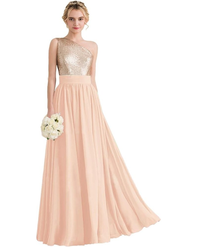 One Shoulder Sequin Rose Gold Bridesmaid Dresses Long Chiffon Formal Dresses for Women Peach $35.09 Dresses