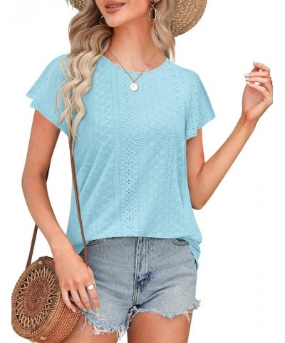 Womens Tops Summer Ruffle Sleeve Crew Neck Tshirts Loose Fit Casual Cute Top Blouses Light Blue $10.50 T-Shirts