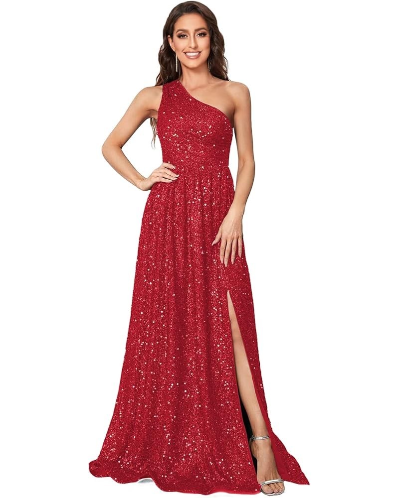 Sparkly One Shoulder Sequin Prom Dresses for Women Side Slit A Line Long Formal Evening Cocktail Gowns for Teens PU005 Red $3...