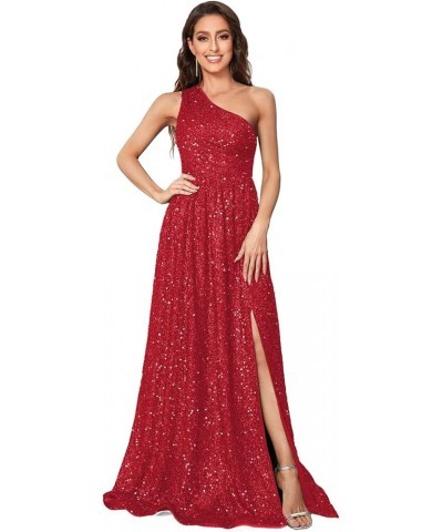 Sparkly One Shoulder Sequin Prom Dresses for Women Side Slit A Line Long Formal Evening Cocktail Gowns for Teens PU005 Red $3...