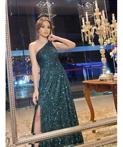 Sparkly One Shoulder Sequin Prom Dresses for Women Side Slit A Line Long Formal Evening Cocktail Gowns for Teens PU005 Red $3...