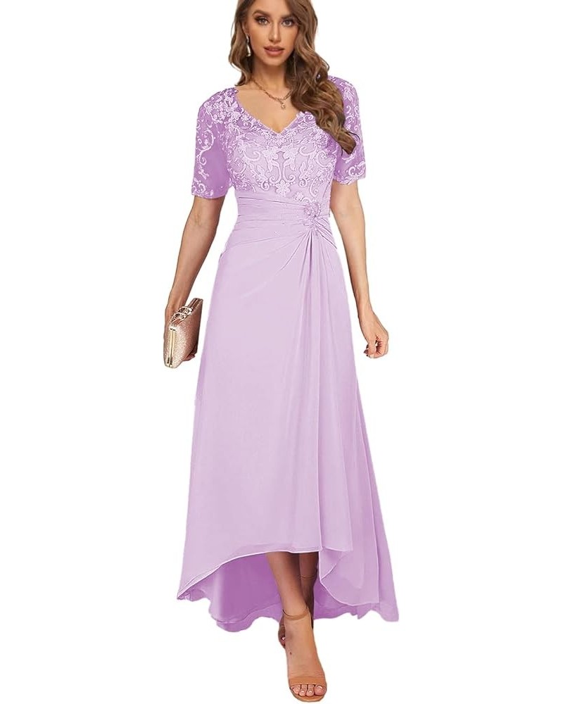 Women's Lace Mother of The Bride Dresses with Sleeves High Low Wedding Guest Dress Tea Length Evening Gown Lilac $41.80 Dresses