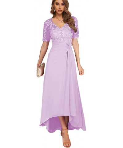 Women's Lace Mother of The Bride Dresses with Sleeves High Low Wedding Guest Dress Tea Length Evening Gown Lilac $41.80 Dresses