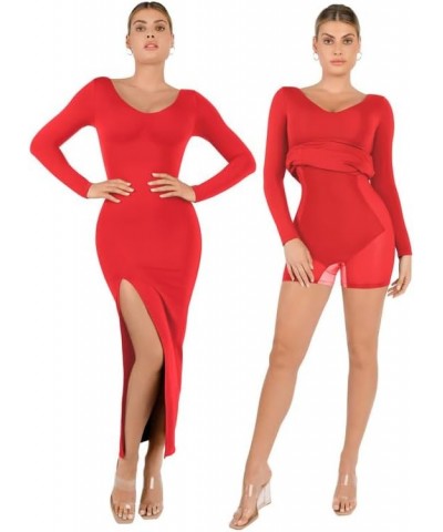 Shaper Dress Built - in Shapewear Bra Long Sleeve V-Neck Split Maxi Bodycon Fall Wedding Guest Dress Red Long Sleeve V Neck D...